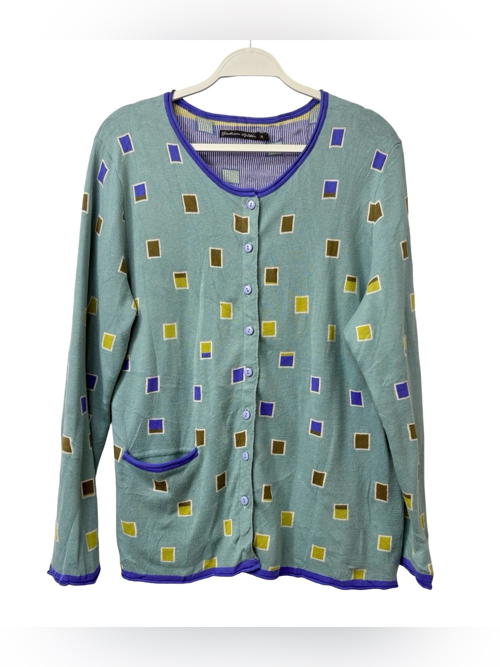 Gudrun Sjödén cardigan Organic Cotton square patterned teal Purple Trim Size XL